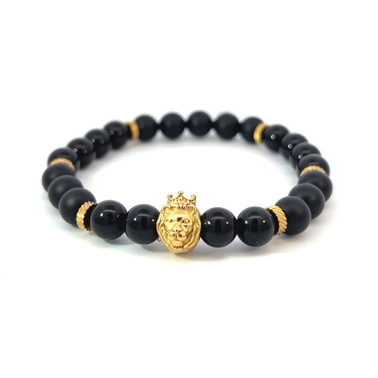 Bead Bracelet - Onyx and Gold Plated Spacers with Gold Plated Lion with a Crown