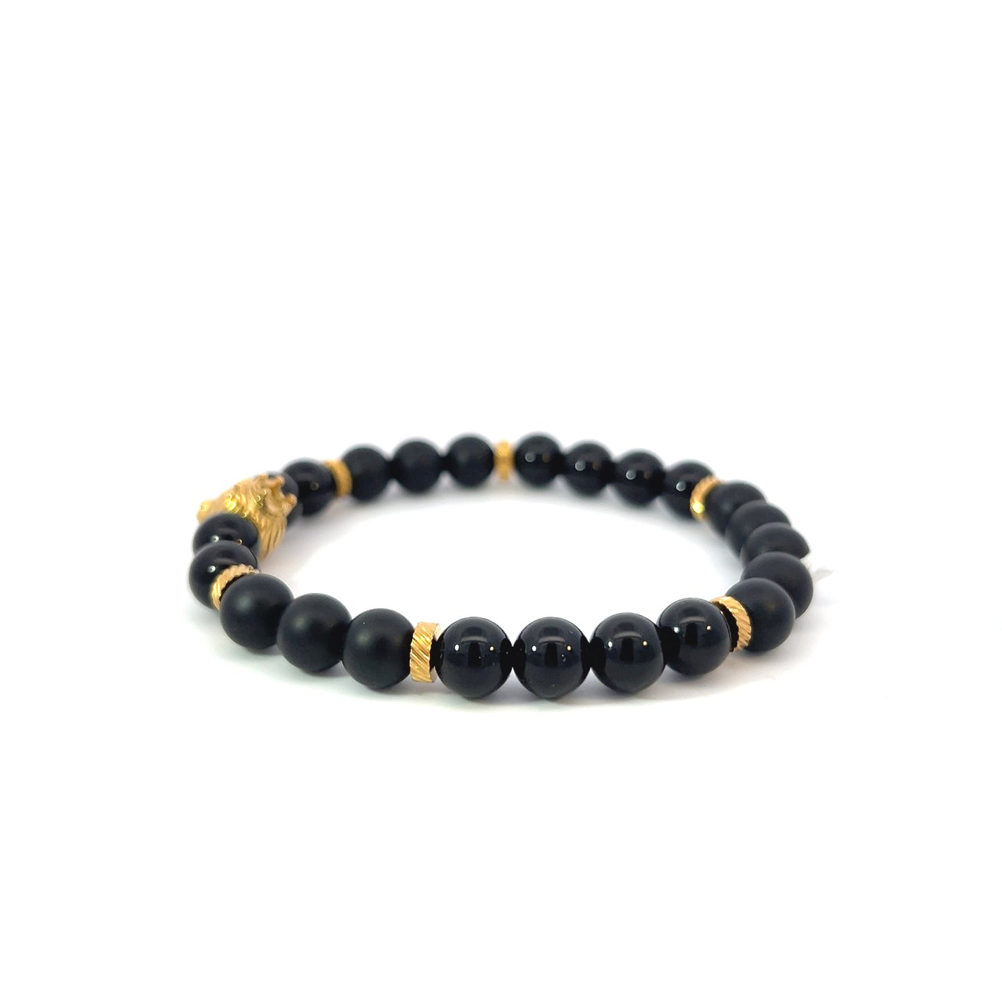 Bead Bracelet - Onyx and Gold Plated Spacers with Gold Plated Lion with a Crown