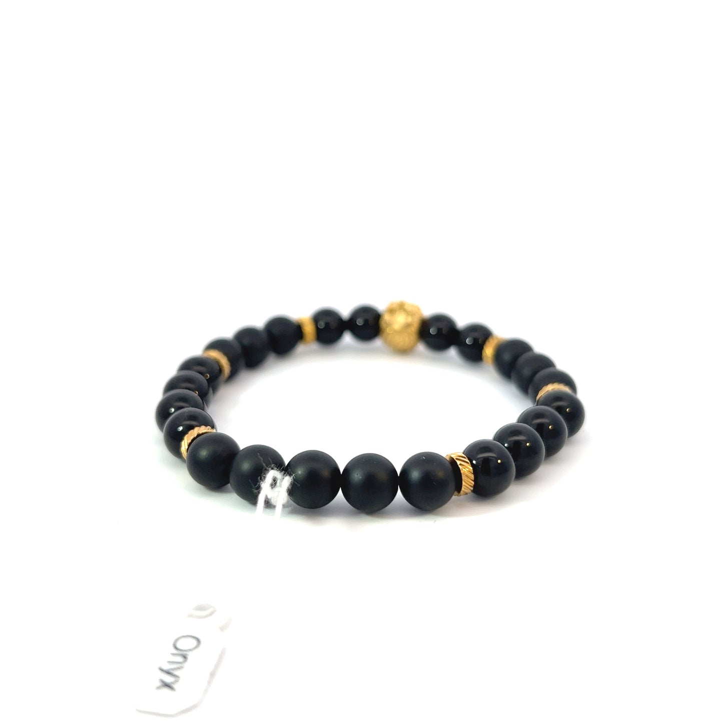 Bead Bracelet - Onyx and Gold Plated Spacers with Gold Plated Lion with a Crown