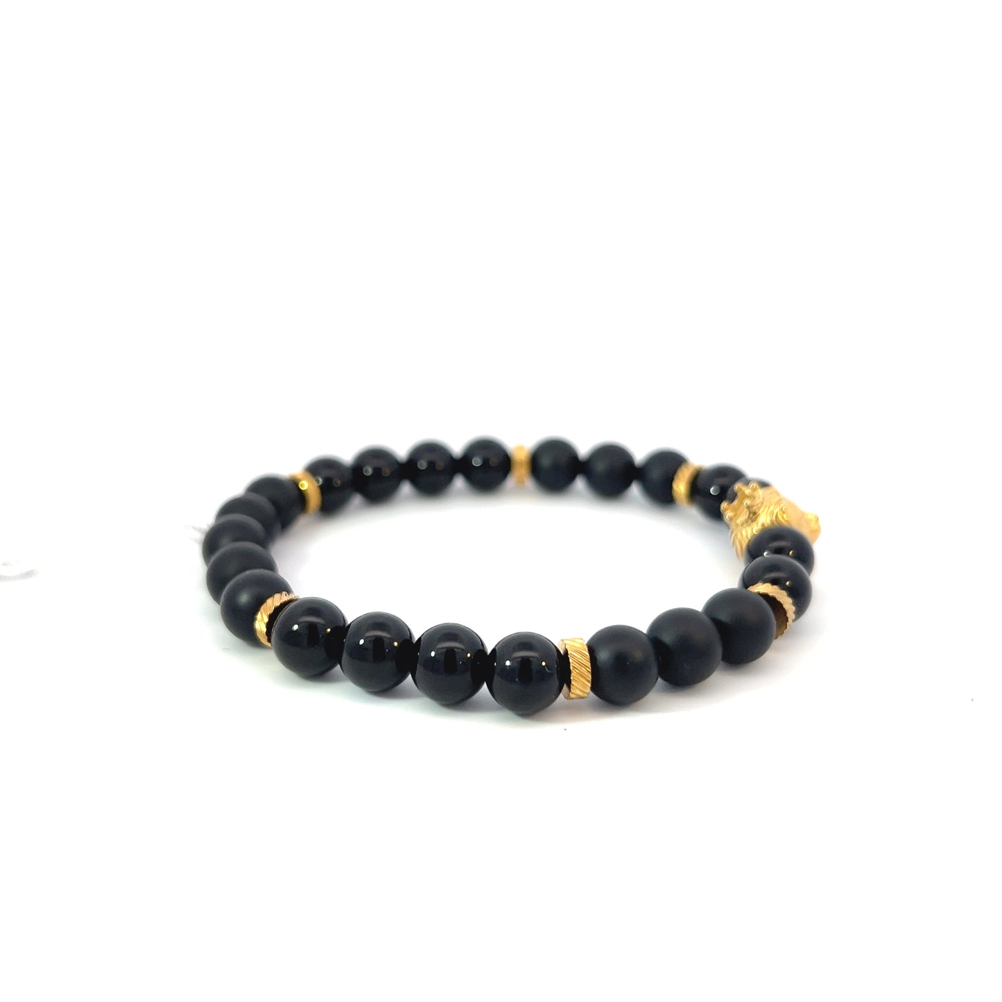 Bead Bracelet - Onyx and Gold Plated Spacers with Gold Plated Lion with a Crown