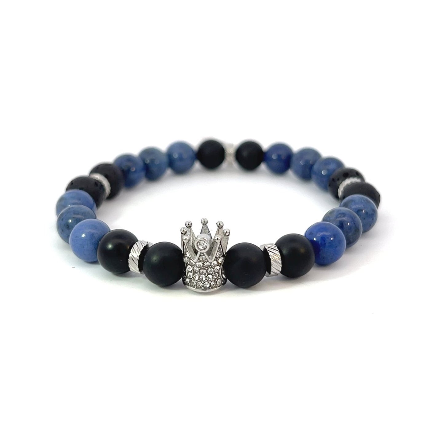 Bead Bracelet - Sodalite, Matte Onyx and Silver Spacer with Pave Crown