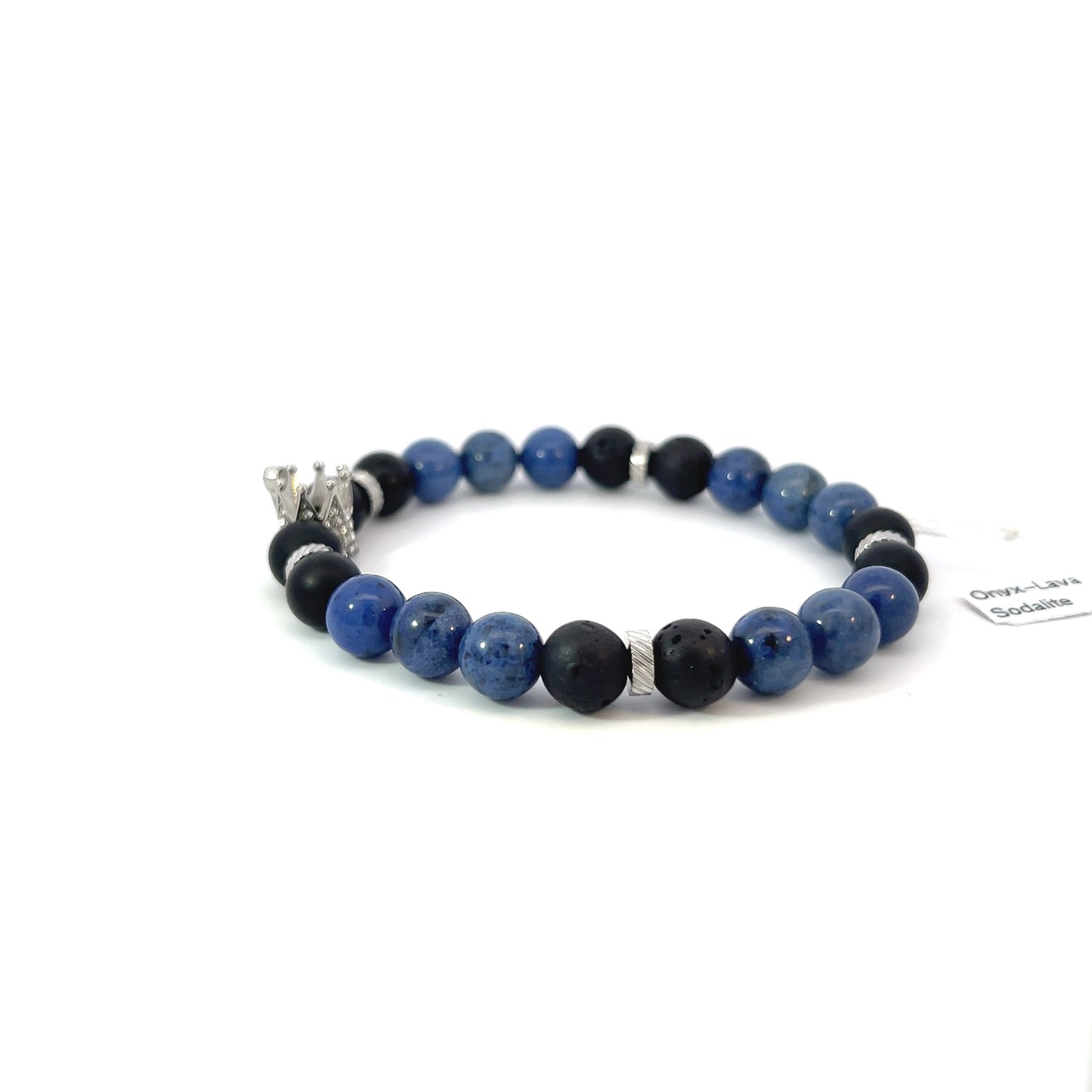 Bead Bracelet - Sodalite, Matte Onyx and Silver Spacer with Pave Crown