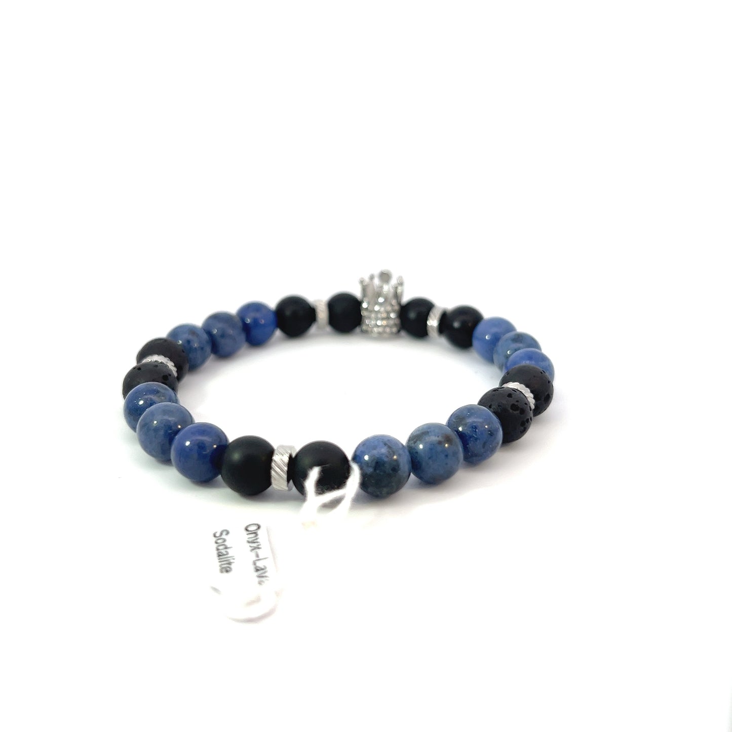 Bead Bracelet - Sodalite, Matte Onyx and Silver Spacer with Pave Crown