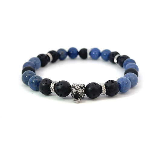 Bead Bracelet - Sodalite, Matte Onyx and Silver Spacer with Tiger Centerpiece