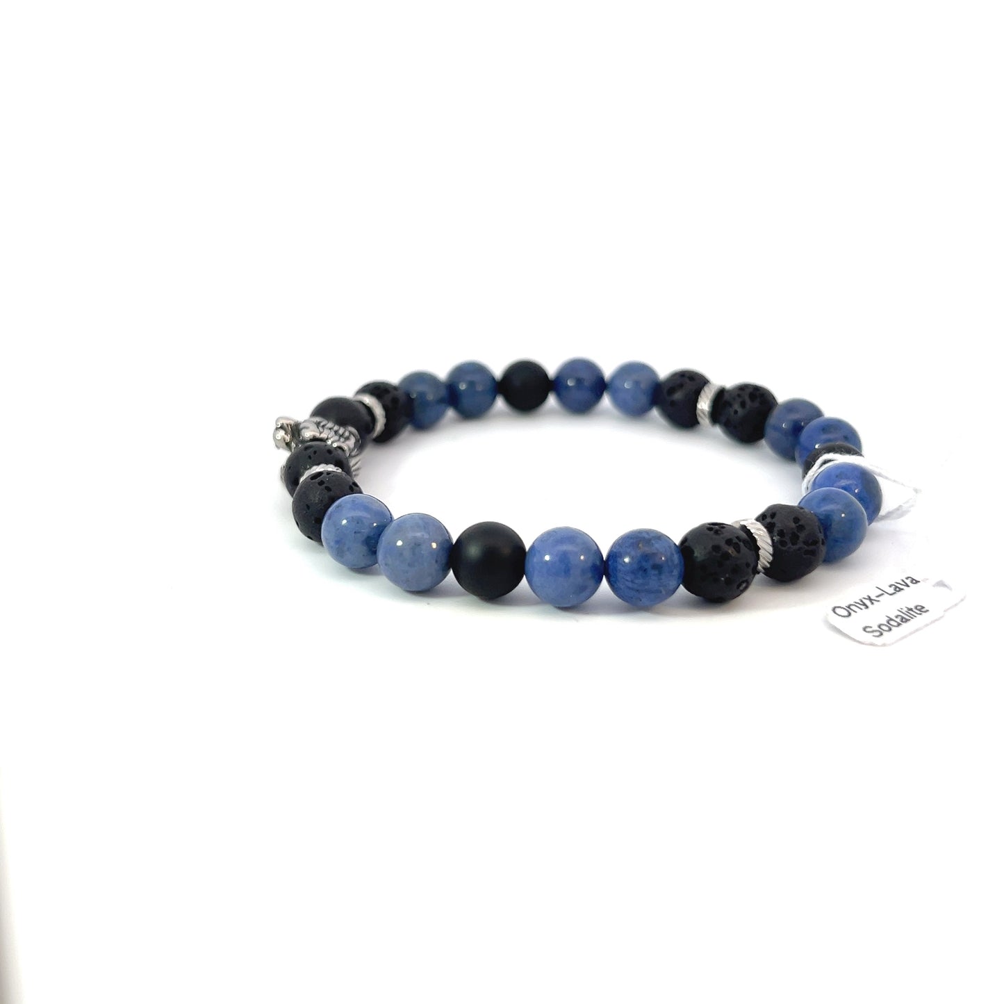 Bead Bracelet - Sodalite, Matte Onyx and Silver Spacer with Tiger Centerpiece