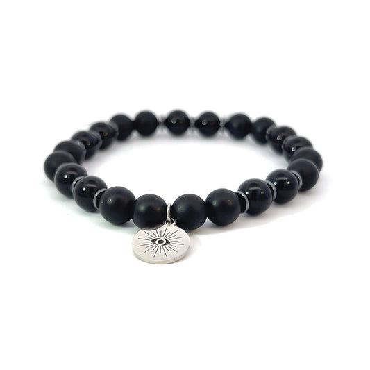 Bead Bracelet - Onyx and Hematite with Evil Eye Dangle Charm