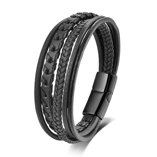 Leather Bracelet - Multilayer Leather Cord Bracelet in Black