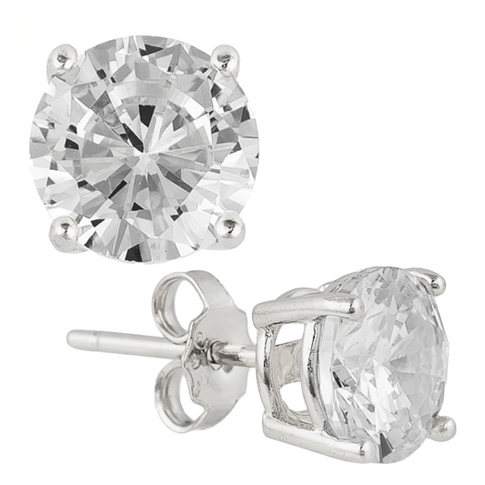 Earrings - Silver Rhodium Plated Stud Round Earrings with Cubic Zirconia