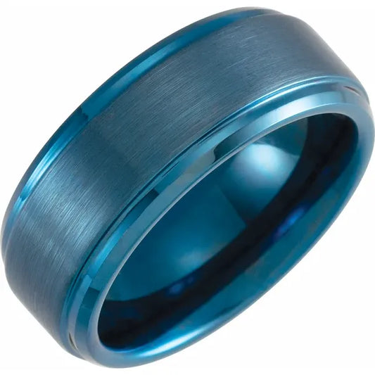 Ring Tungsten - Blue PVD 8 mm Beveled Stepped Satin Band