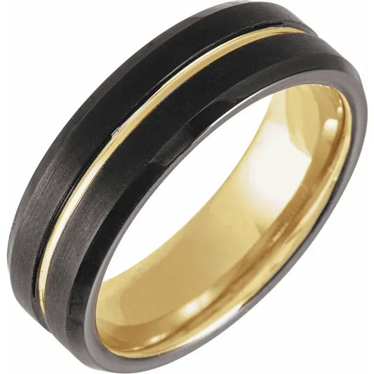 Ring Tungsten - 18K Yellow Gold PVD & Black PVD 6 mm Grooved Beveled Band