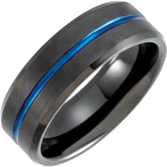 Ring Tungsten - Black & Blue PVD  8 mm Beveled Grooved Band