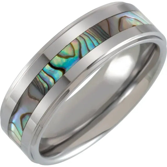 Ring Tungsten - 8 mm Flat Stepped Band with Mother of Pearl Inlay