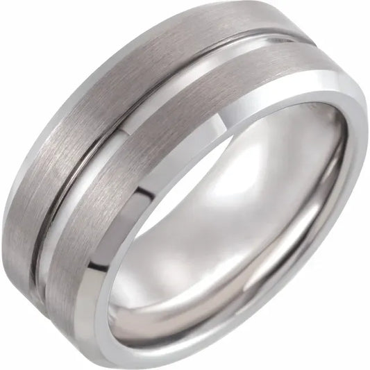 Ring Tungsten - 8 mm Beveled Grooved Satin Band Size