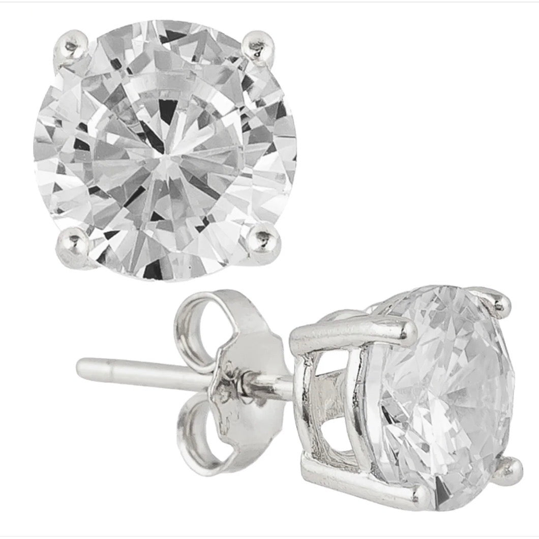 Earrings - Silver Rhodium Plated Stud Round Earrings with Cubic Zirconia