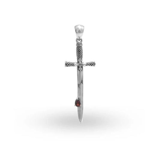 Pendant - 925 Sterling Silver Sword Pendant with Teardrop Garnet Stone