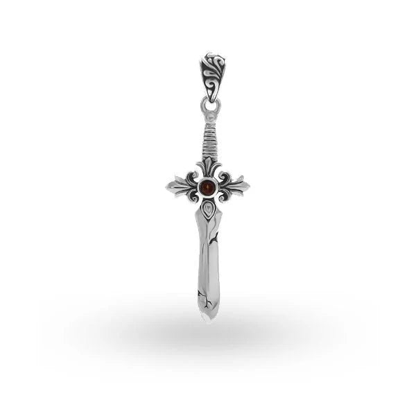 Pendant - 925 Sterling Silver Sword-Shaped Pendant with Teardrop Garnet