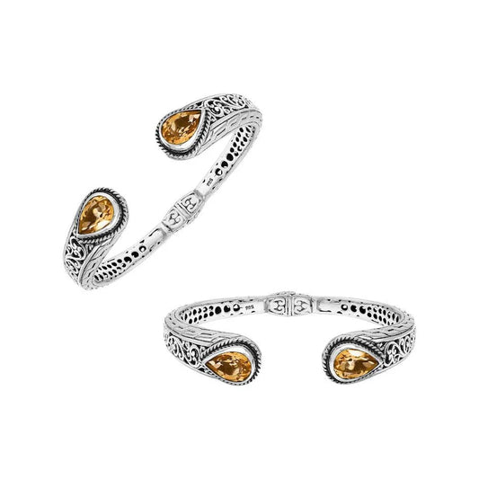 Bracelet - Sterling Silver Citrine Quartz Teardrop Bangle With Ornate Bali Engraving