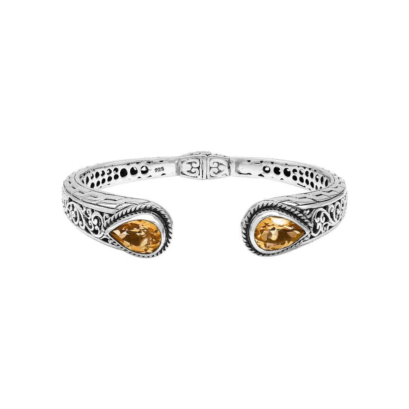 Bracelet - Sterling Silver Citrine Quartz Teardrop Bangle With Ornate Bali Engraving