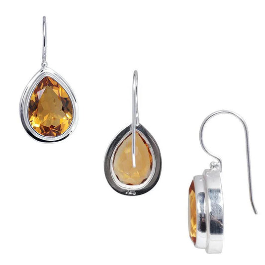 Earrings - Sterling Silver Pear-Cut Citrine Quartz Bezel Hook Design, High Polish Finish