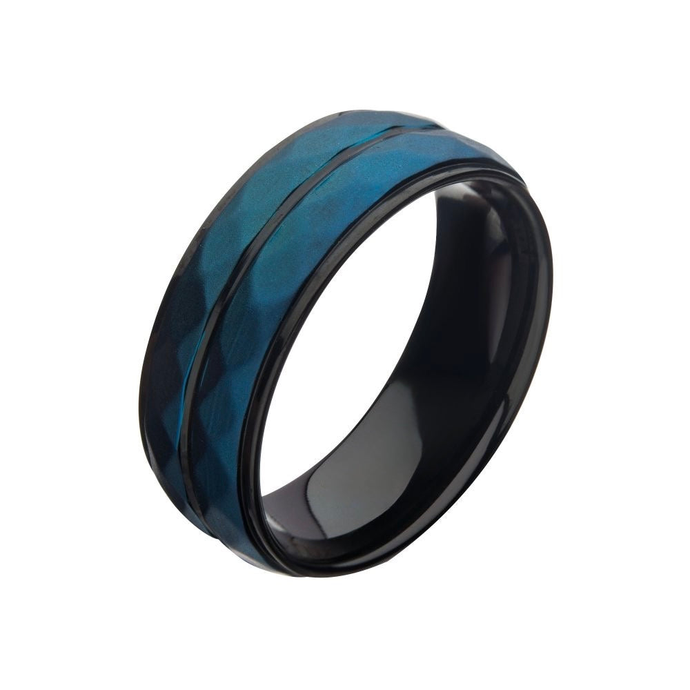 Ring Steel - Stainless Steel with Matte Black & Blue IP Double Hammered