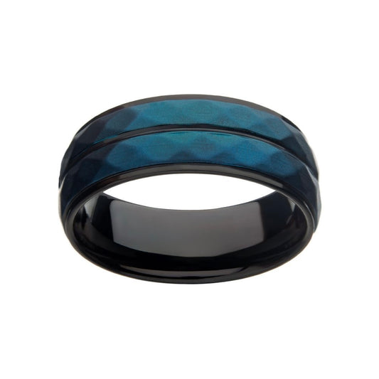 Ring Steel - Stainless Steel with Matte Black & Blue IP Double Hammered
