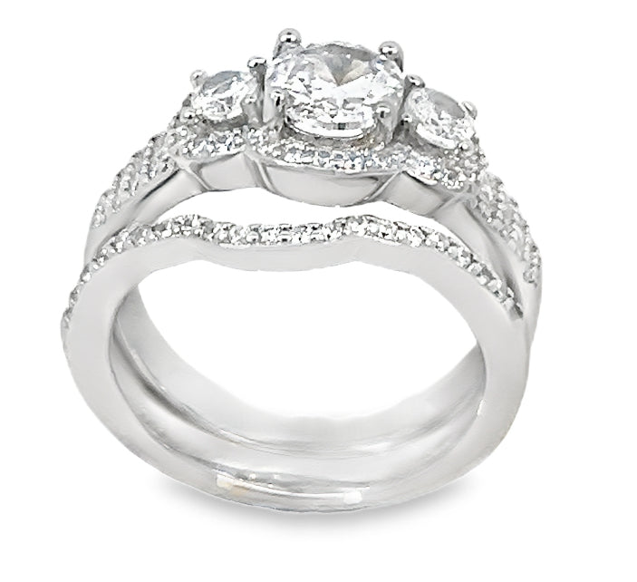 Ring Silver - Three Stone Cubic Zirconia Halo Engagement with Matching Band