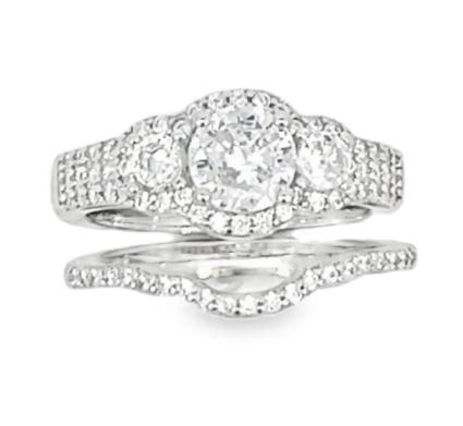 Ring Silver - Three Stone Cubic Zirconia Halo Engagement with Matching Band