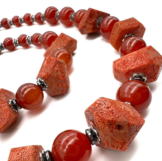 Semi-Precious Stone Set - Sponge Red Coral, Carnelian and Hematite