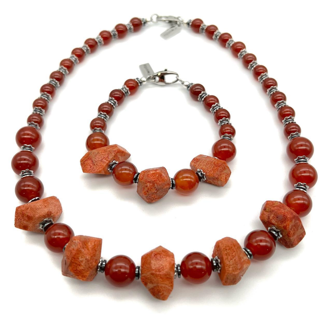 Semi-Precious Stone Set - Sponge Red Coral, Carnelian and Hematite