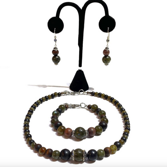 Semi-Precious Stone Set - Green Labradorite and Wood