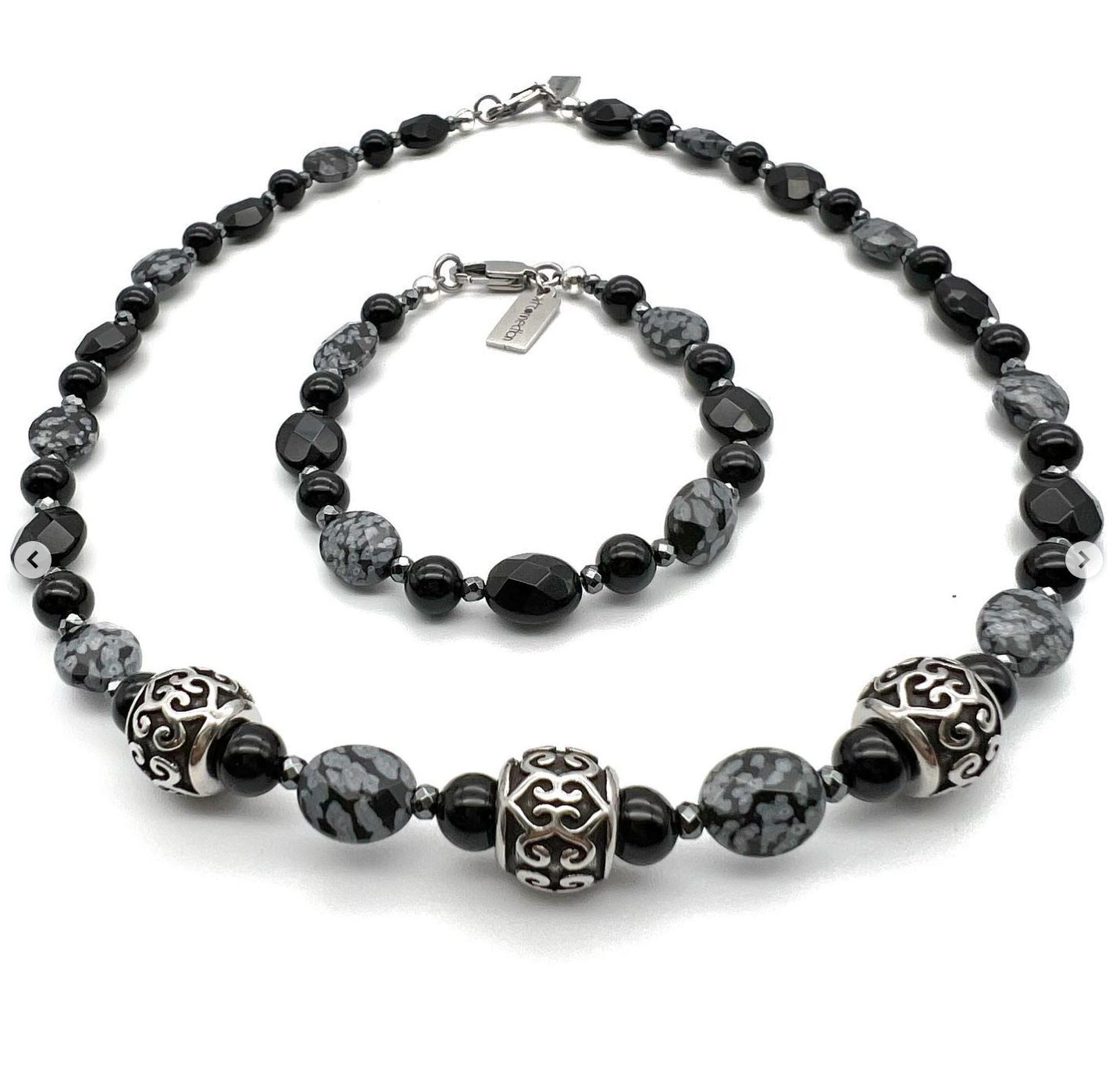 Semi-Precious Stone Set -Snowflake Obsidian, Faceted Onyx & Hematite Jewelry Set