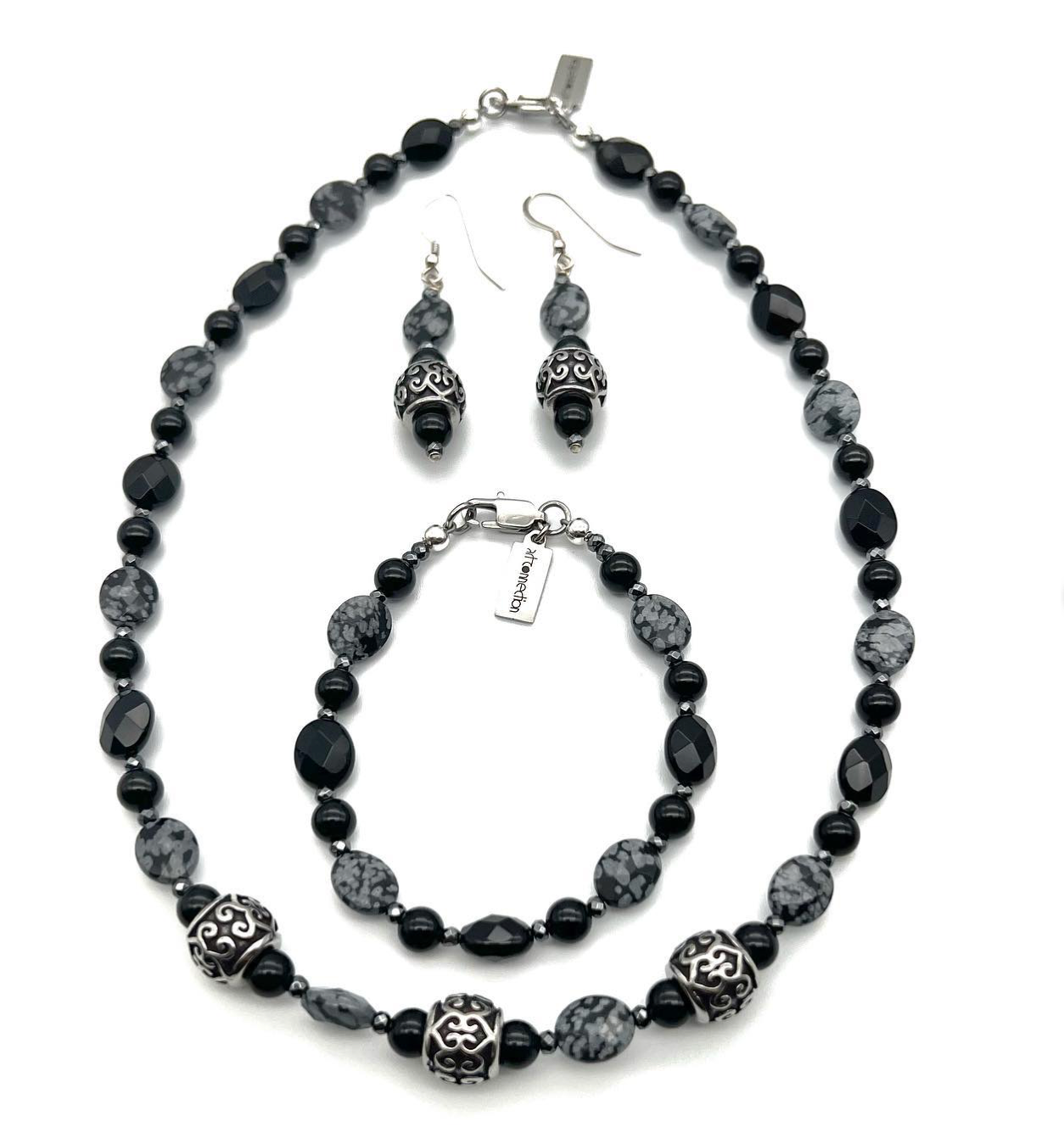 Semi-Precious Stone Set -Snowflake Obsidian, Faceted Onyx & Hematite Jewelry Set