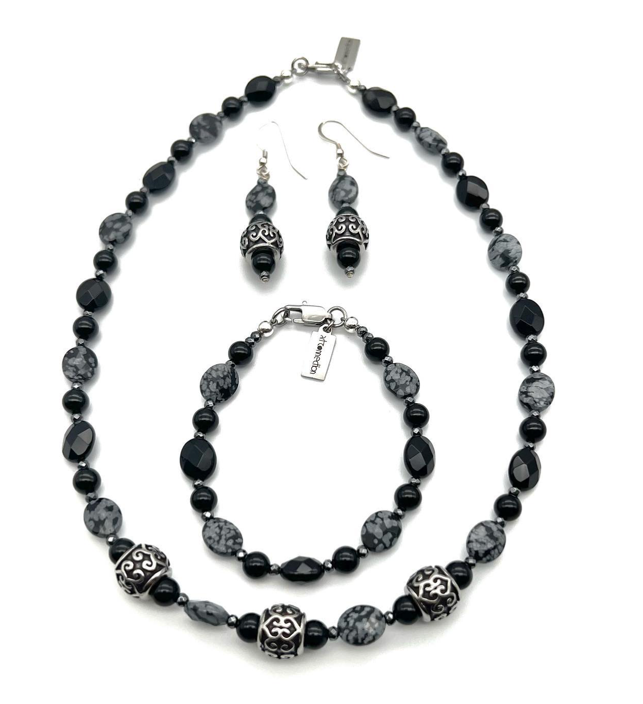 Semi-Precious Stone Set -Snowflake Obsidian, Faceted Onyx & Hematite Jewelry Set