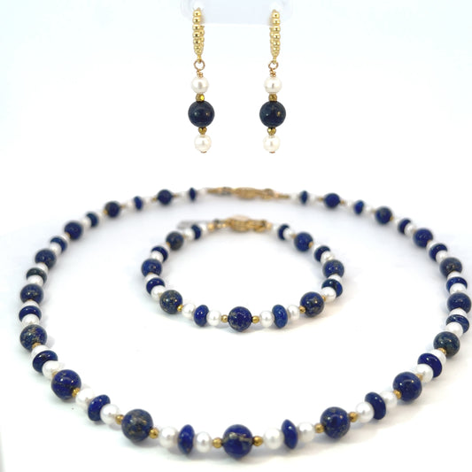 Semi-Precious Stone Set - Lapis Lazuli and Pearl with Gold Plated Hematite