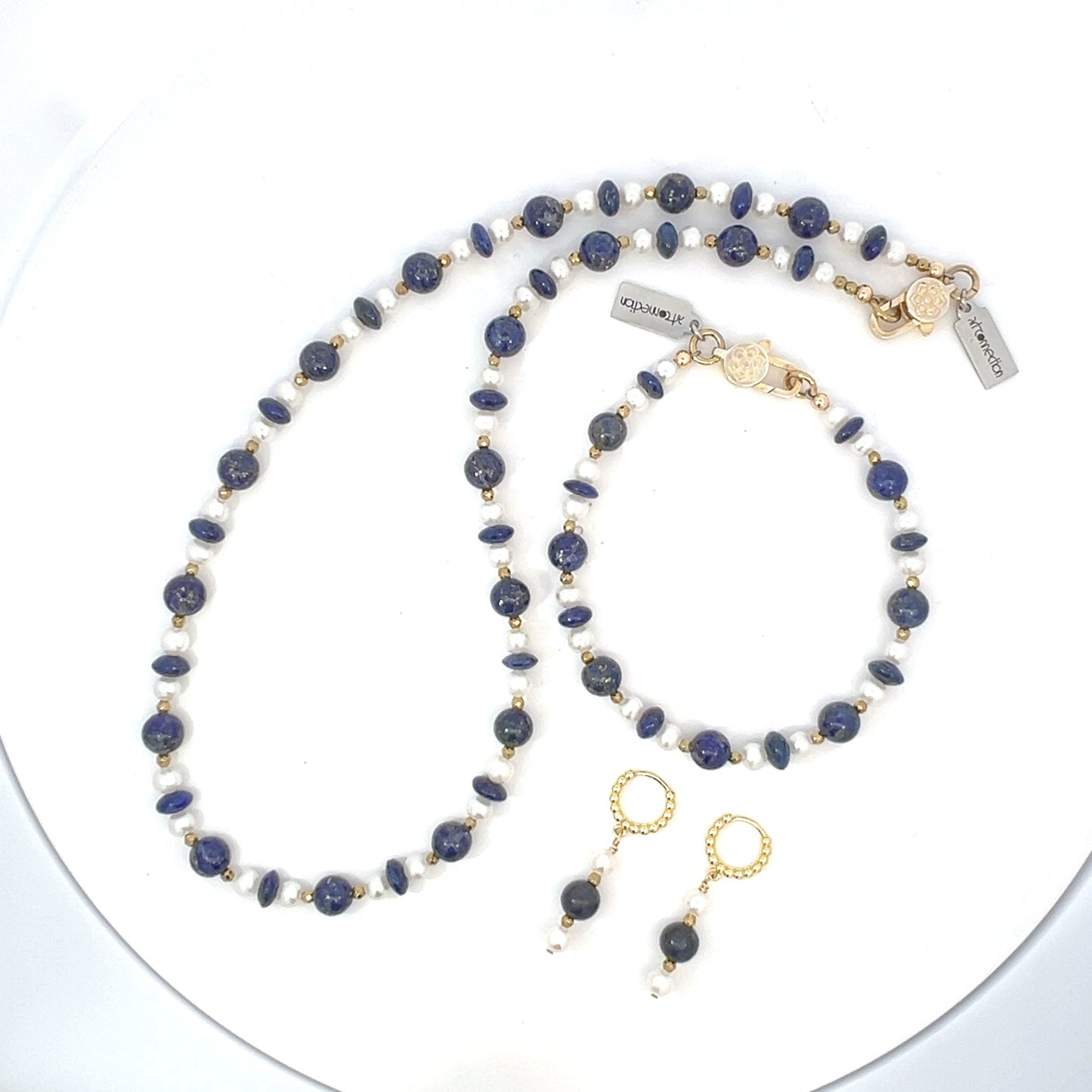 Semi-Precious Stone Set - Lapis Lazuli and Pearl with Gold Plated Hematite