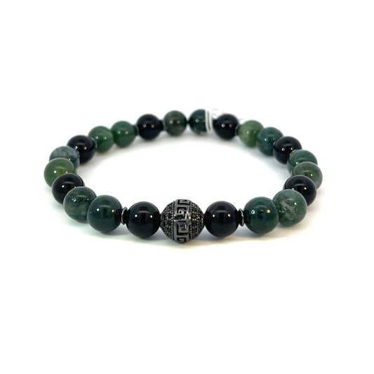 Bead Bracelet - Moss Agate and Onyx with Black Pave Centerpiece