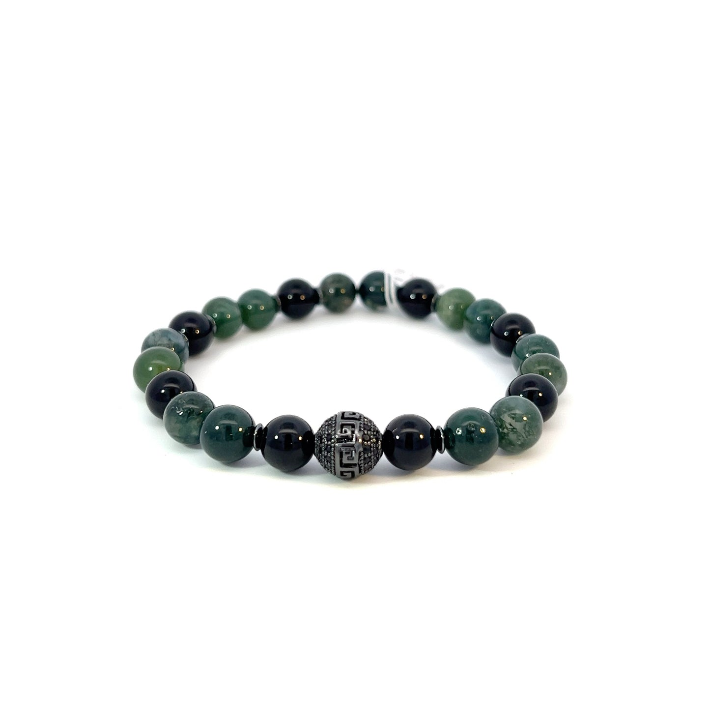 Bead Bracelet - Moss Agate and Onyx with Black Pave Centerpiece