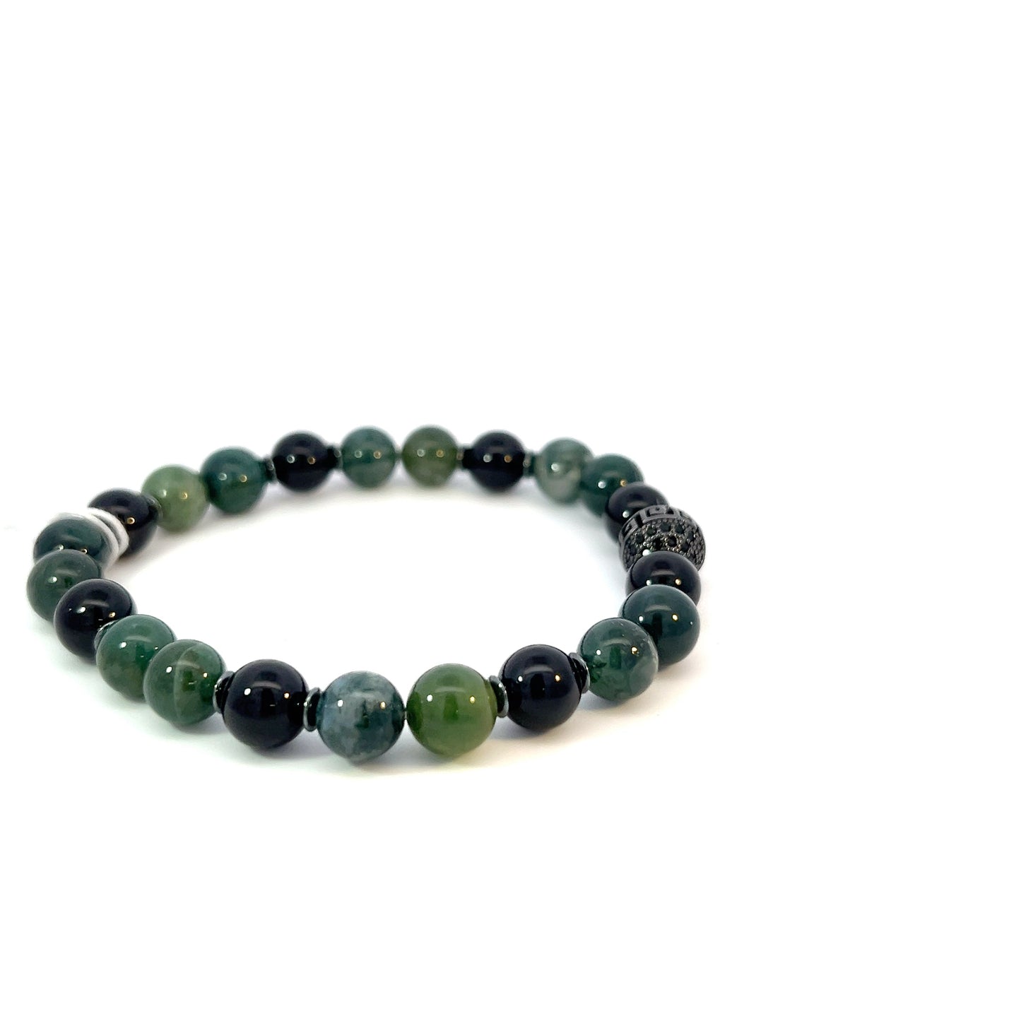 Bead Bracelet - Moss Agate and Onyx with Black Pave Centerpiece