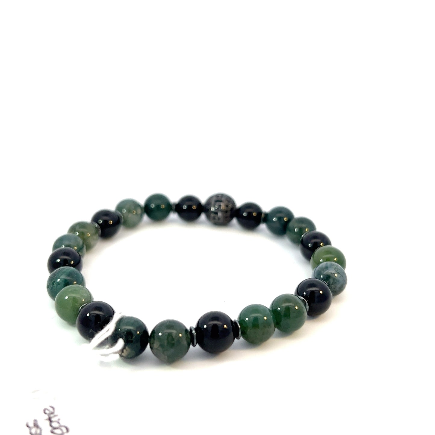 Bead Bracelet - Moss Agate and Onyx with Black Pave Centerpiece