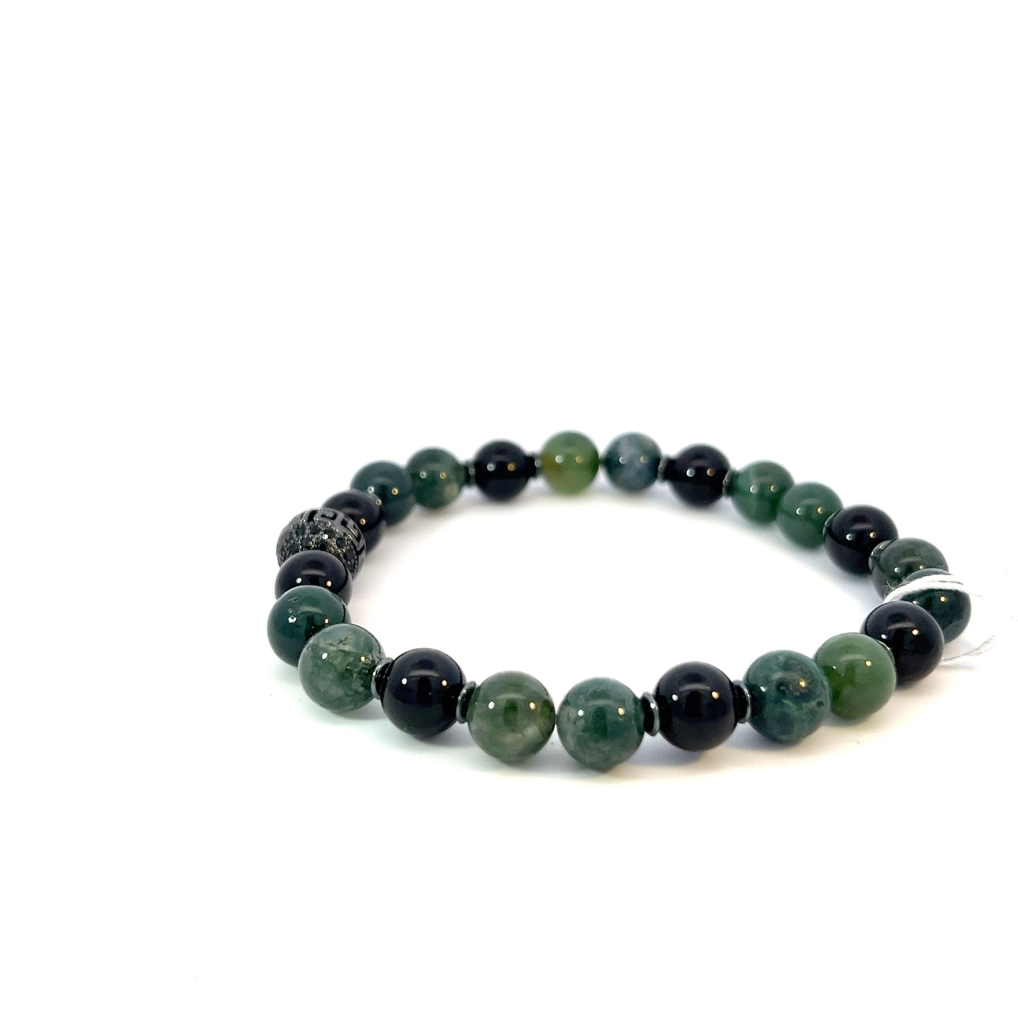 Bead Bracelet - Moss Agate and Onyx with Black Pave Centerpiece