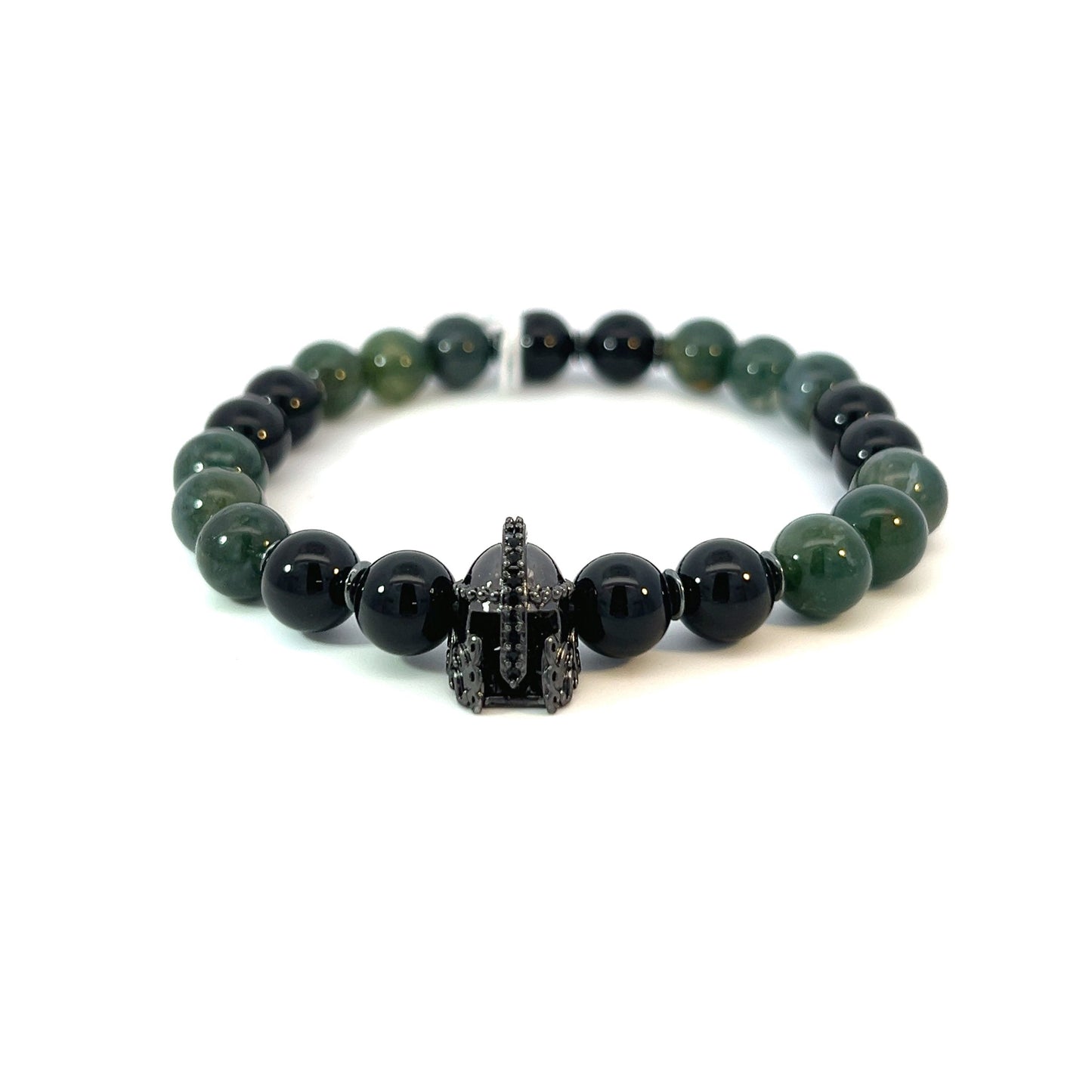 Bead Bracelet - Moss Agate and Onyx with Gladiator Centerpiece