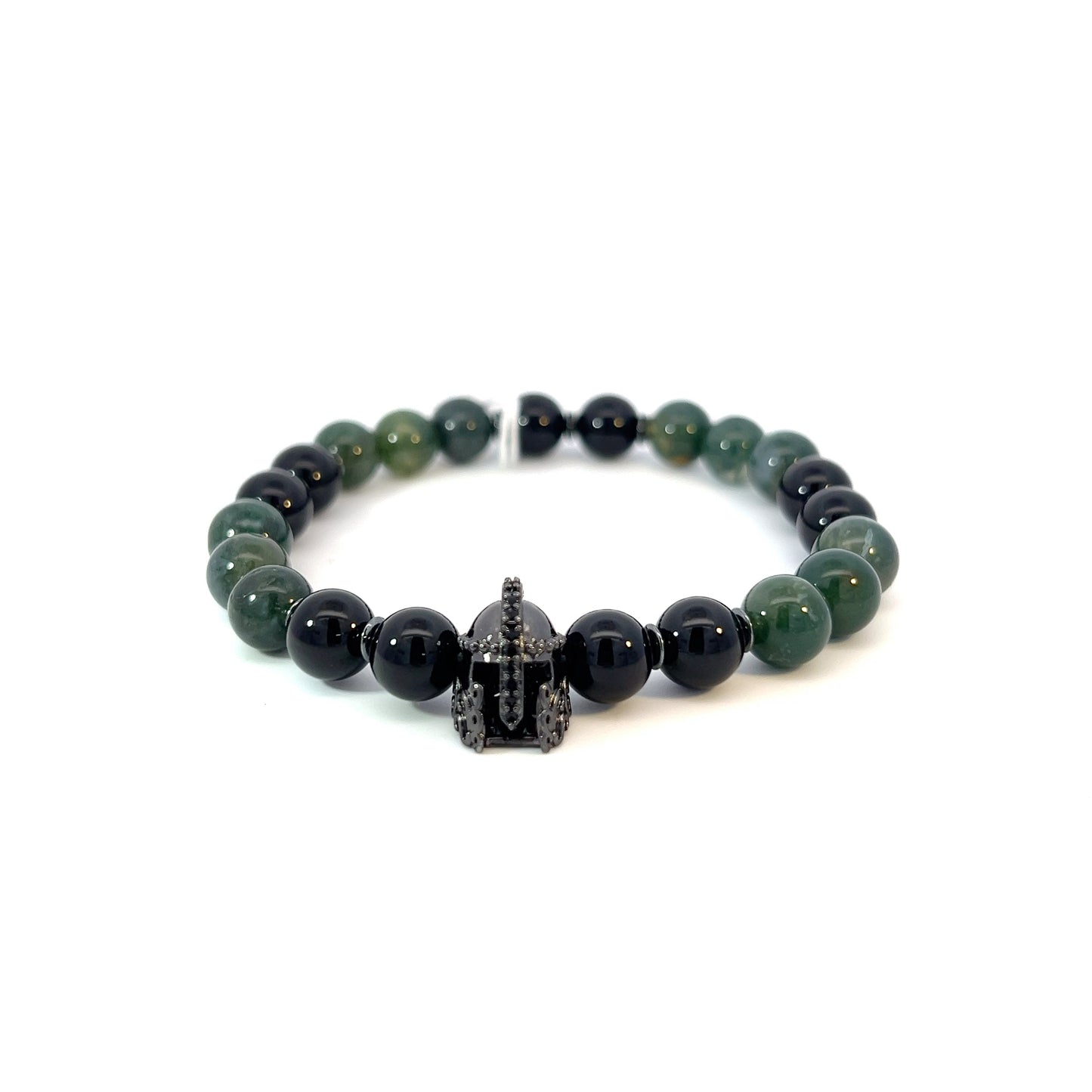 Bead Bracelet - Moss Agate and Onyx with Gladiator Centerpiece