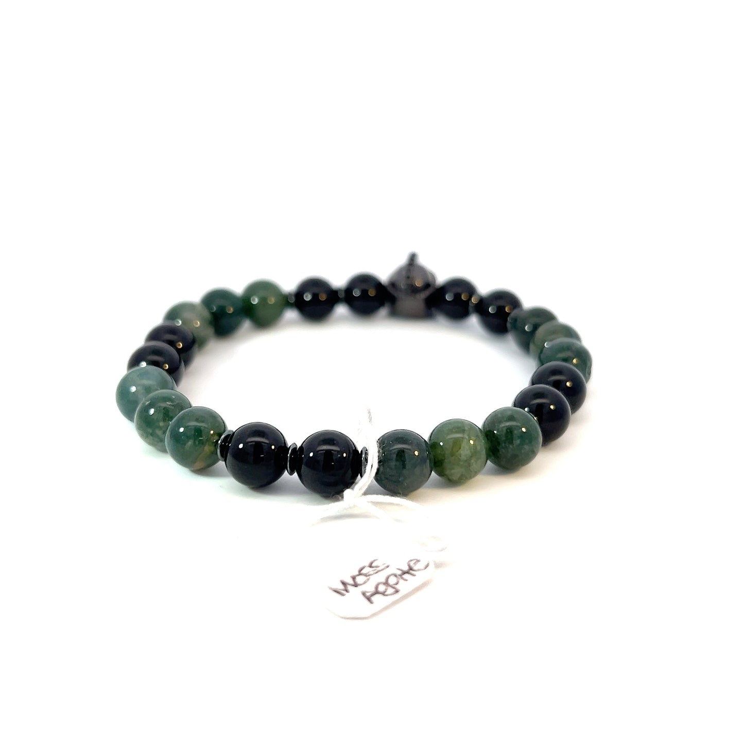 Bead Bracelet - Moss Agate and Onyx with Gladiator Centerpiece