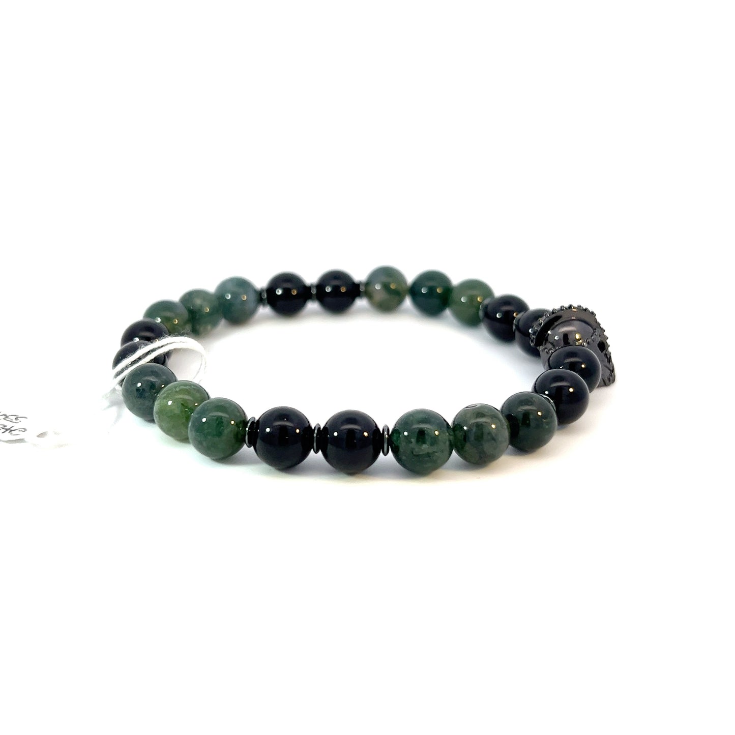 Bead Bracelet - Moss Agate and Onyx with Gladiator Centerpiece