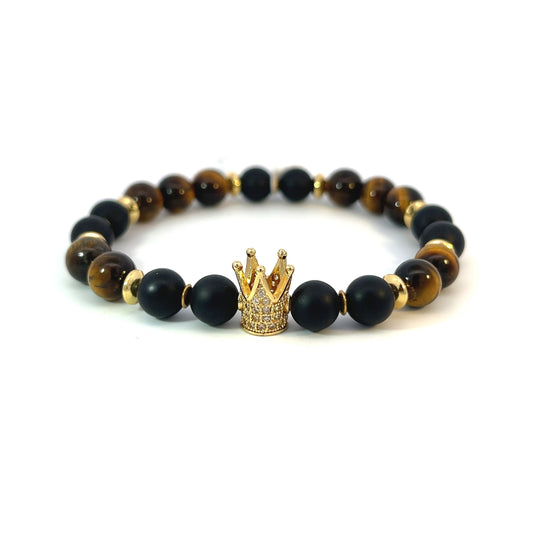 Bead Bracelet - Matte Onyx and  Tiger Eye with Pavé Crown Centerpiece