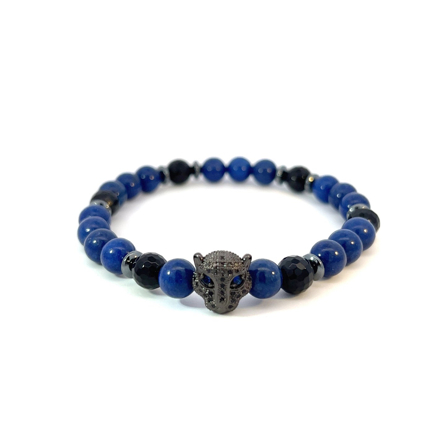 Bead Bracelet -Blue Mountain Jade & Faceted Onyx with Pave Panther Centerpiece