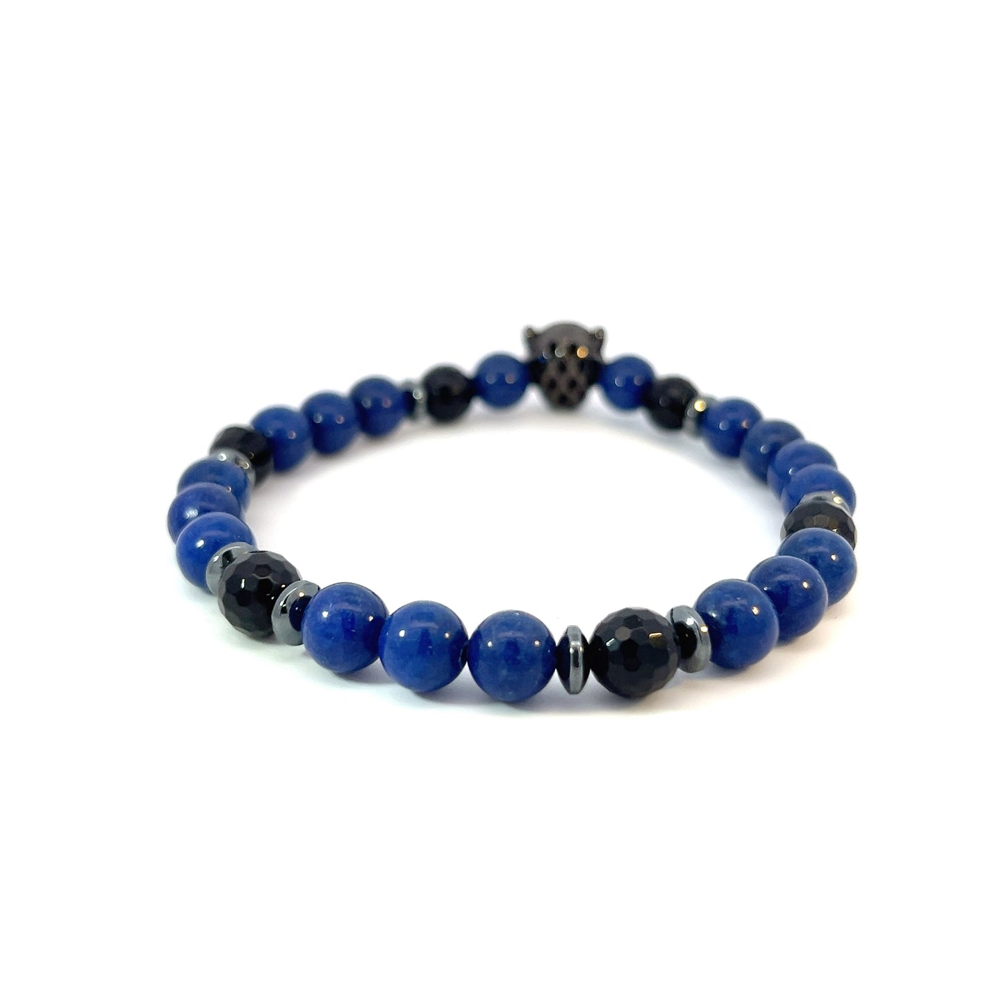 Bead Bracelet -Blue Mountain Jade & Faceted Onyx with Pave Panther Centerpiece