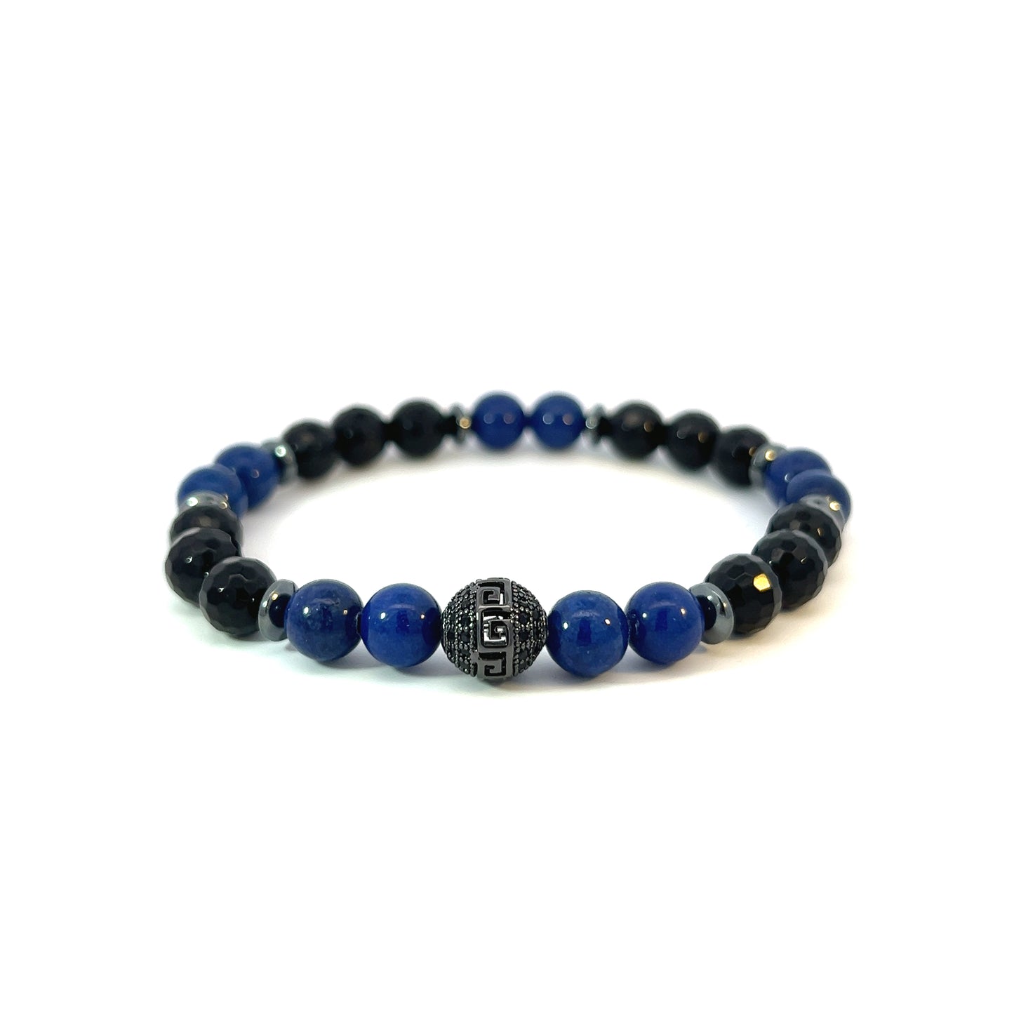 Bead Bracelet - Blue Mountain Jade and Faceted Onyx with Pave Centerpiece