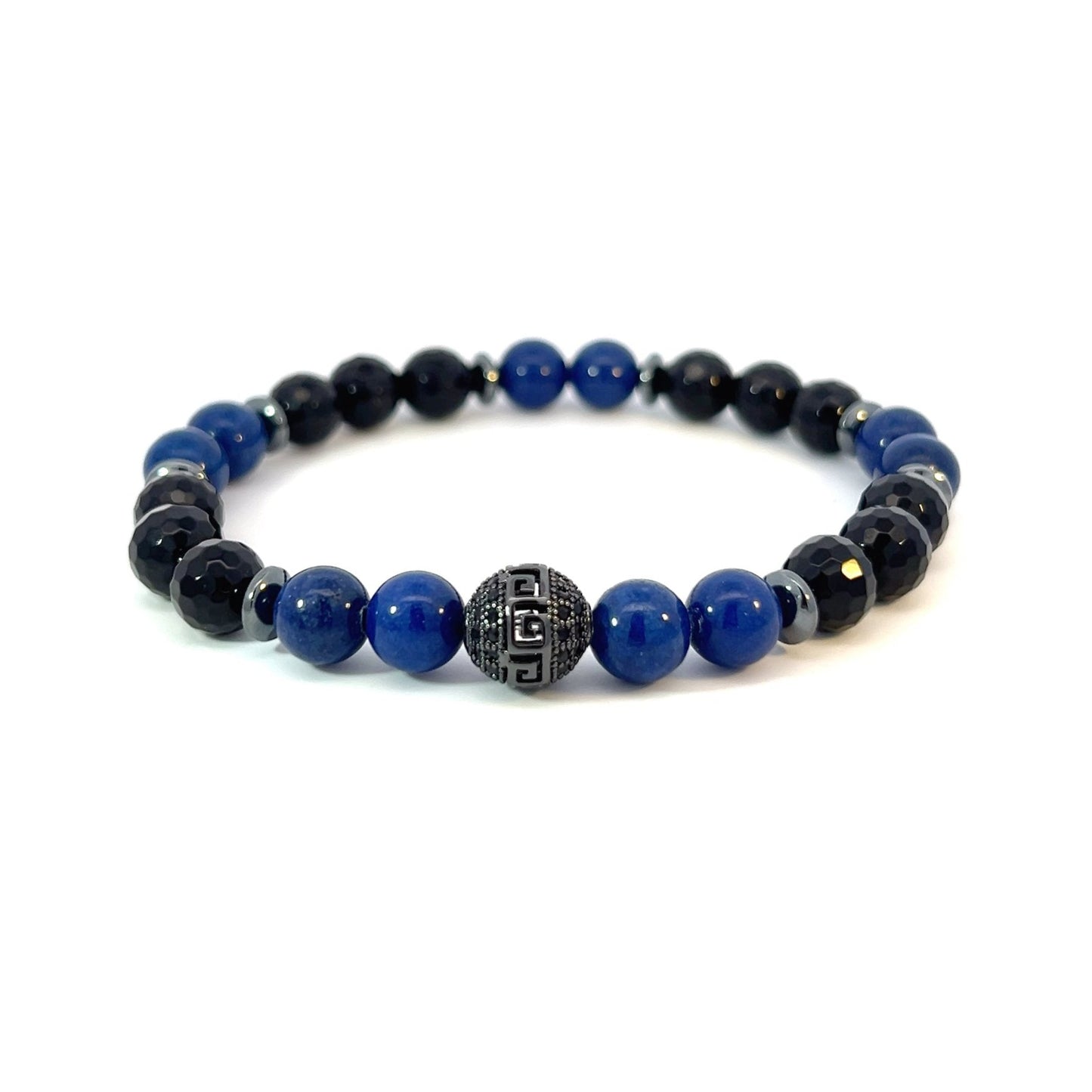 Bead Bracelet - Blue Mountain Jade and Faceted Onyx with Pave Centerpiece