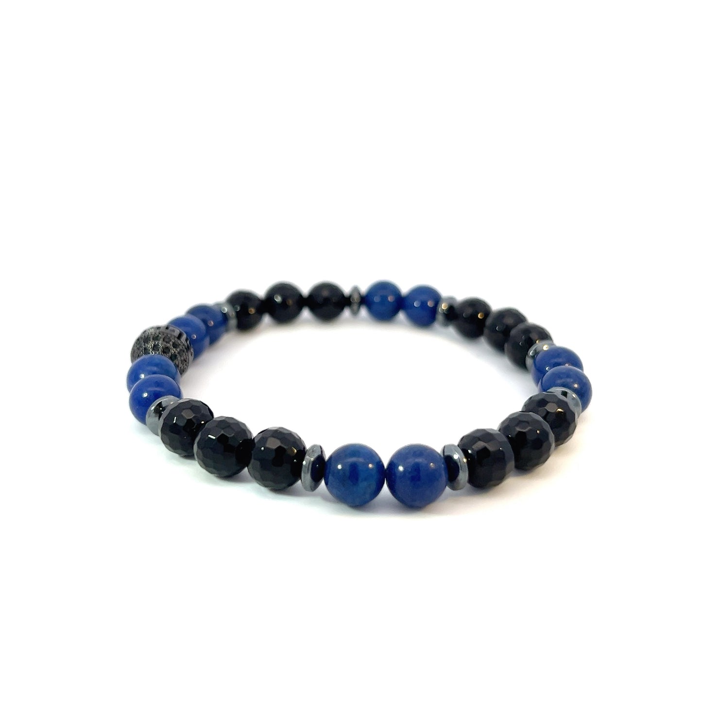 Bead Bracelet - Blue Mountain Jade and Faceted Onyx with Pave Centerpiece